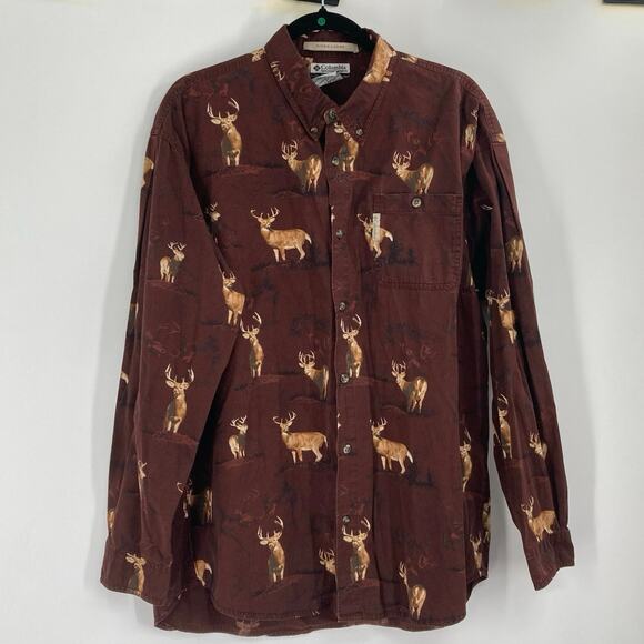 Columbia River Lodge Whitetail Deer Print Rust Red Button Up Cotton Shirt XL - Picture 1 of 8